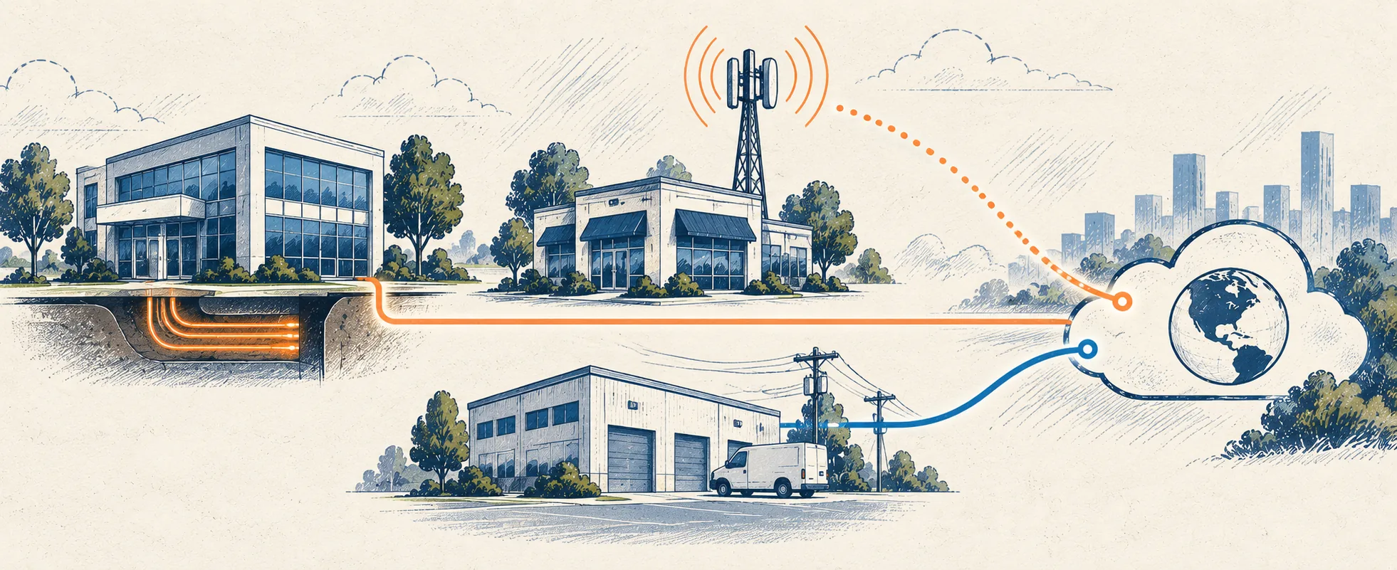 Business locations connected through fiber, wireless, and broadband internet options