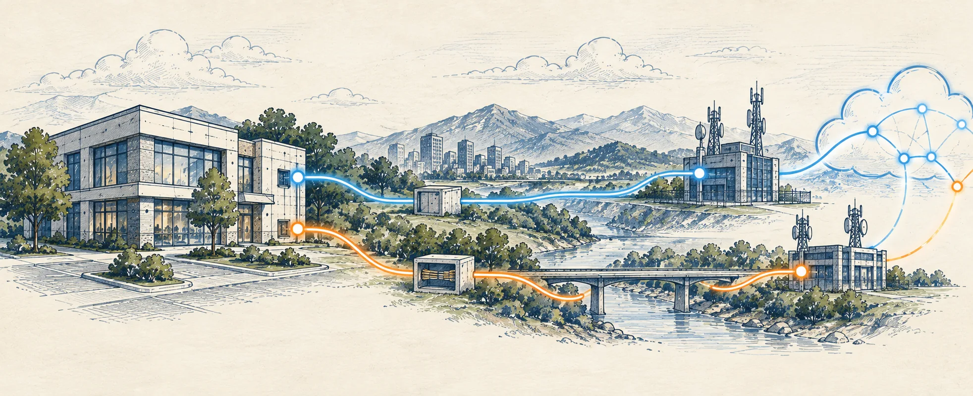 Business site connected to network infrastructure through primary and diverse backup internet paths