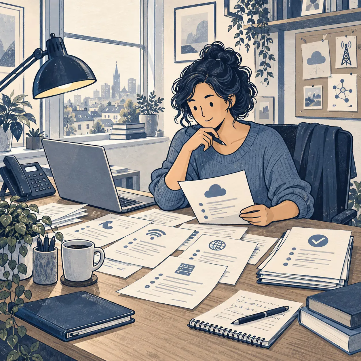 Editorial illustration of a business owner at a desk comparing provider briefs into a clear shortlist, with a laptop and desk phone