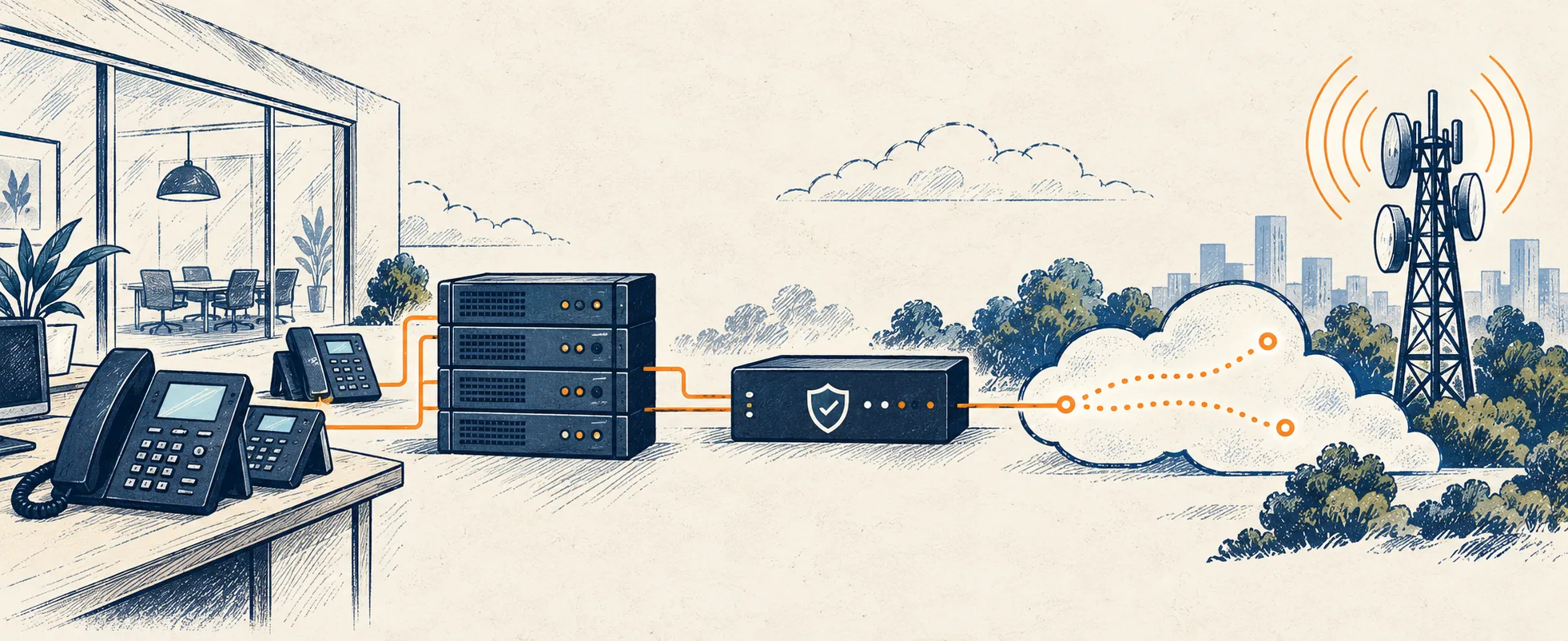 Business phone system connecting through SIP infrastructure to a carrier network