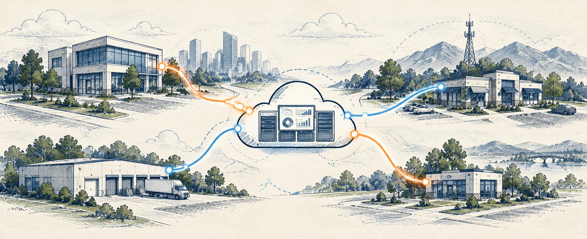 Multiple business locations connected through a centrally managed SD-WAN network