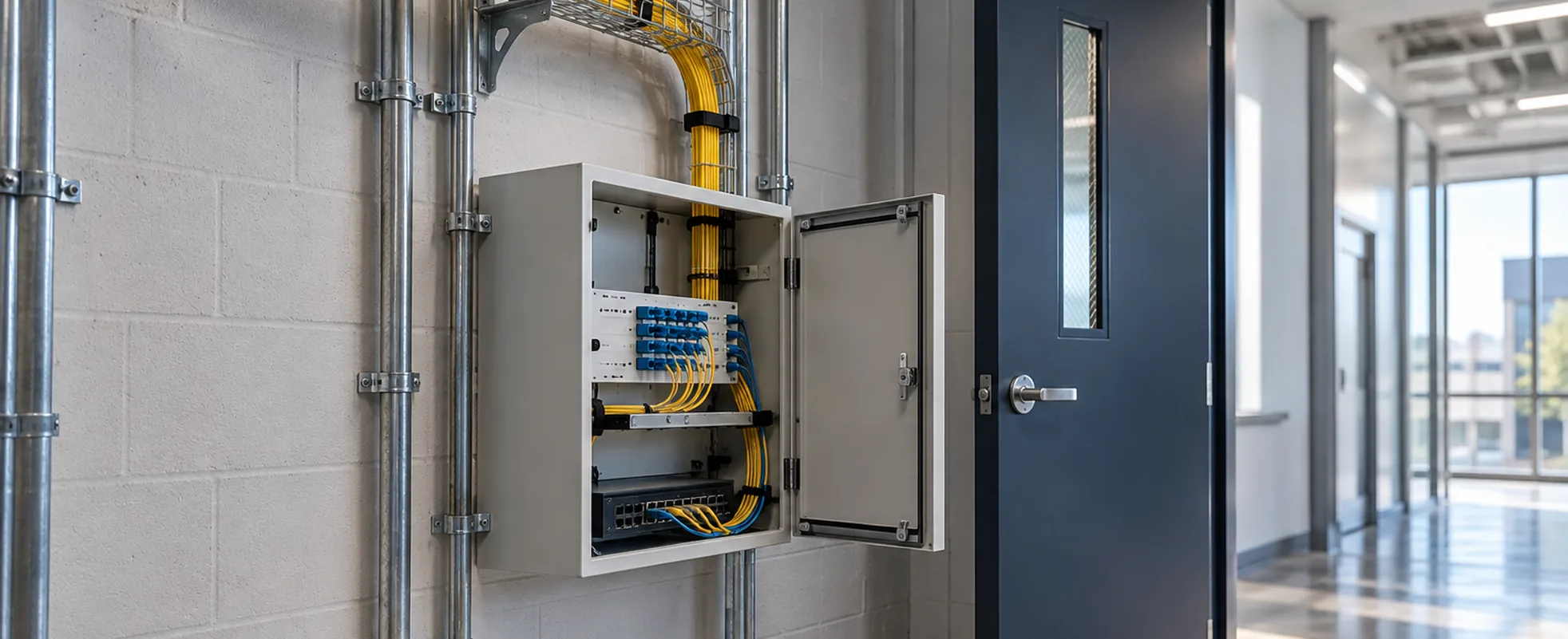 Commercial building telecommunications entry with fiber conduit and cable tray feeding a wall-mounted termination enclosure beside an office corridor