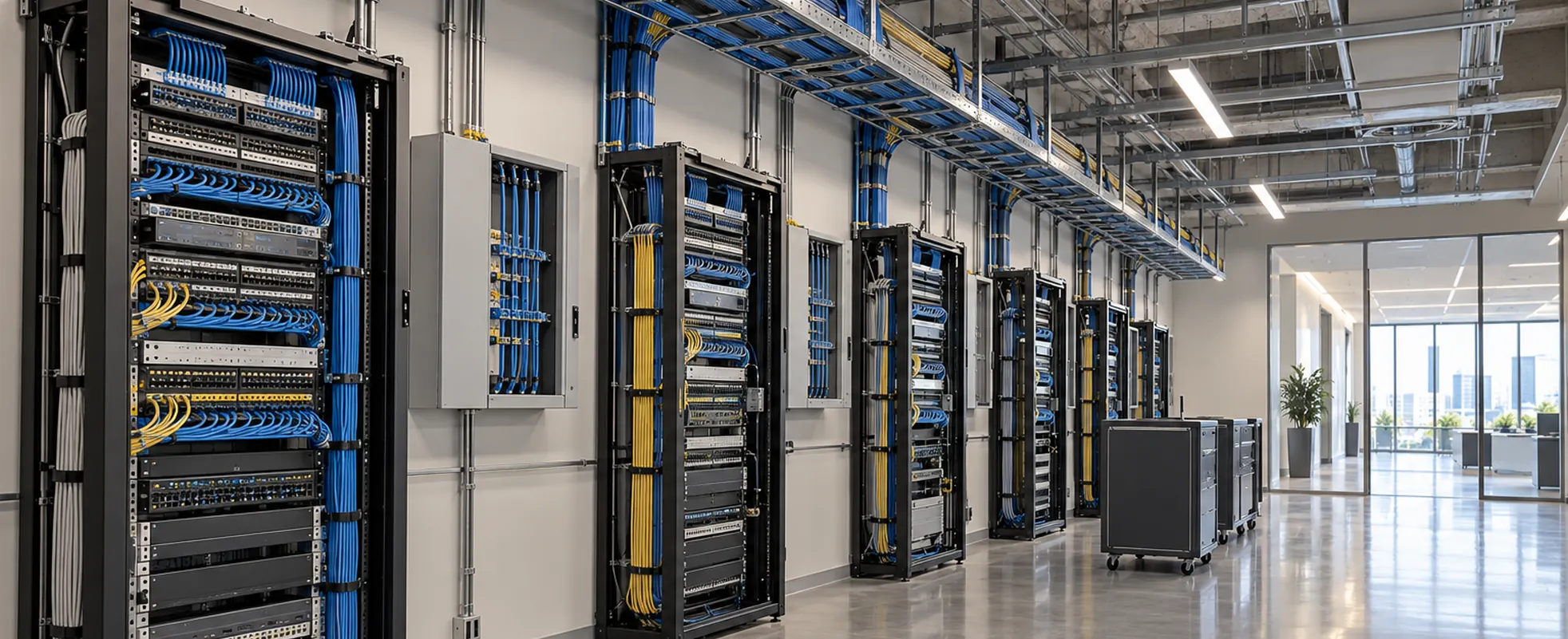 Multi-tenant building network distribution room with carrier access racks, overhead cable trays, and structured cabling routed to tenant services