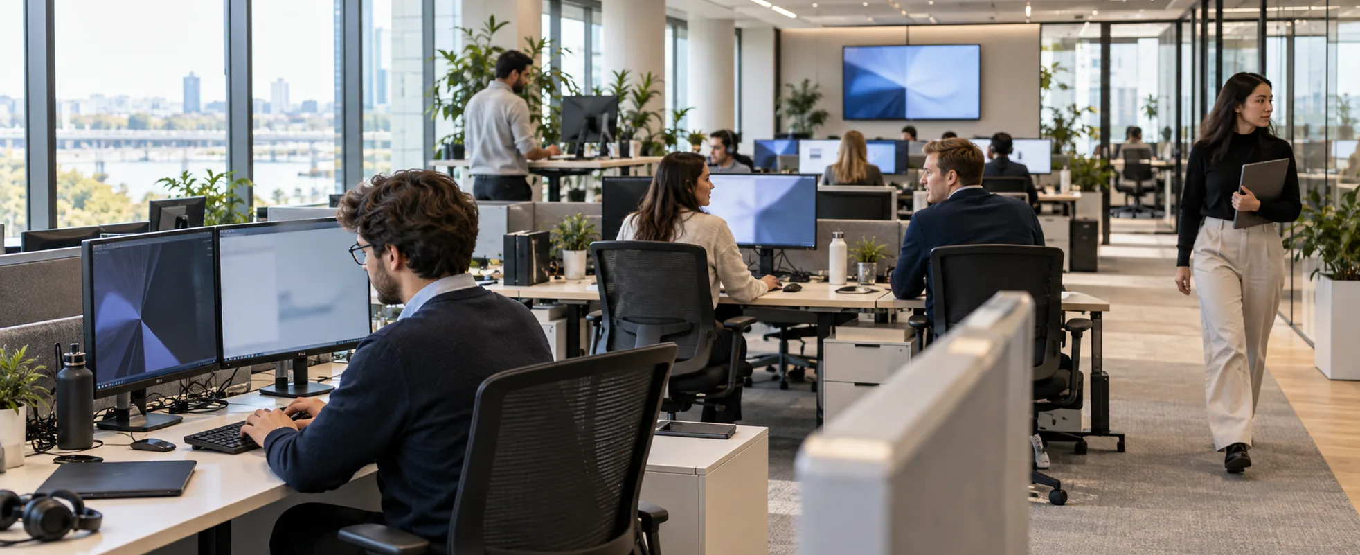 Open-plan business operations office with employees working at connected workstations in natural daylight