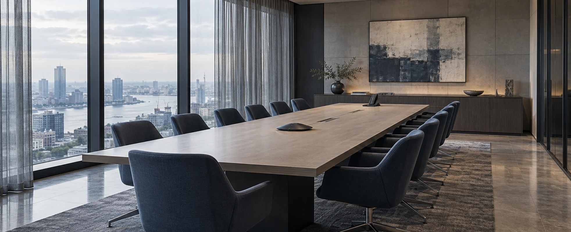 Executive conference room with a long wooden table, upholstered chairs, and a tabletop conference phone beside floor-to-ceiling windows overlooking a city skyline