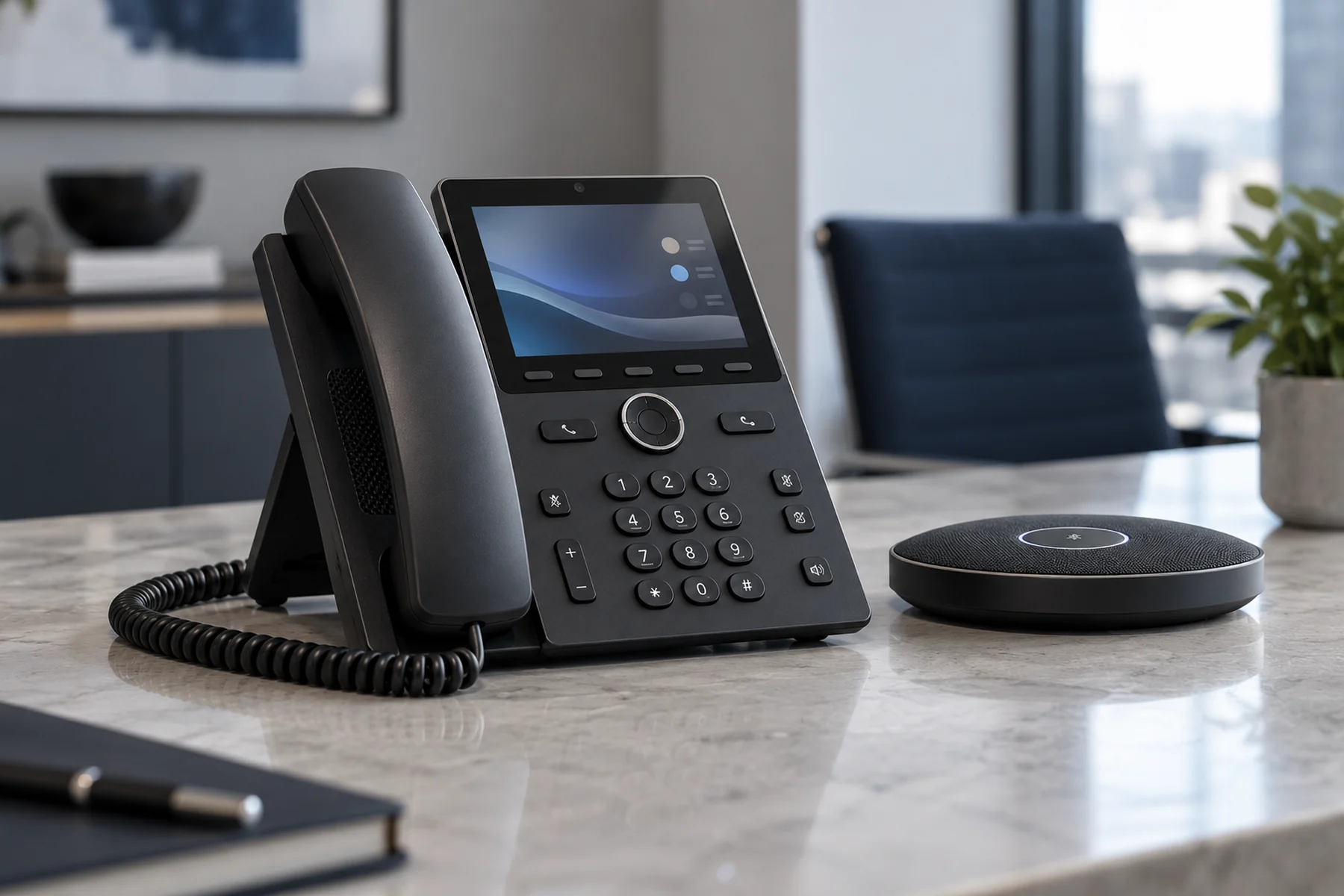 Enterprise IP desk phone with a physical keypad and handset beside a conference speakerphone on a stone desk in a modern office
