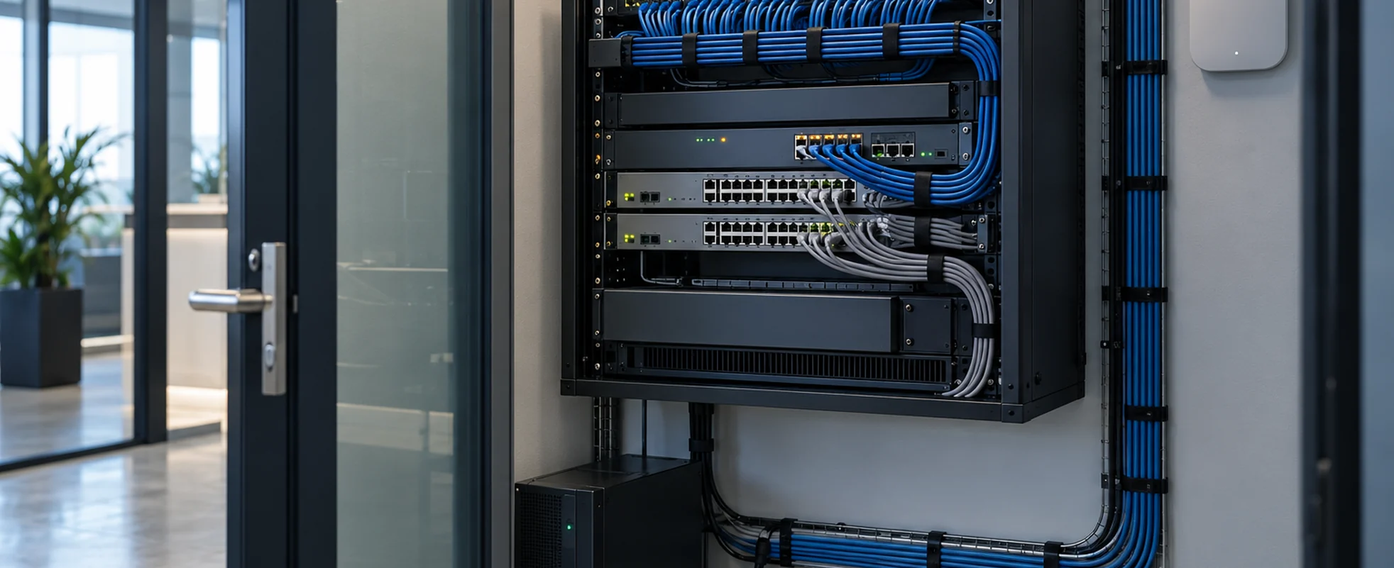 Wall-mounted enterprise network rack with stacked switches, a patch panel, and neatly dressed structured cabling beside a compact power unit in a modern office