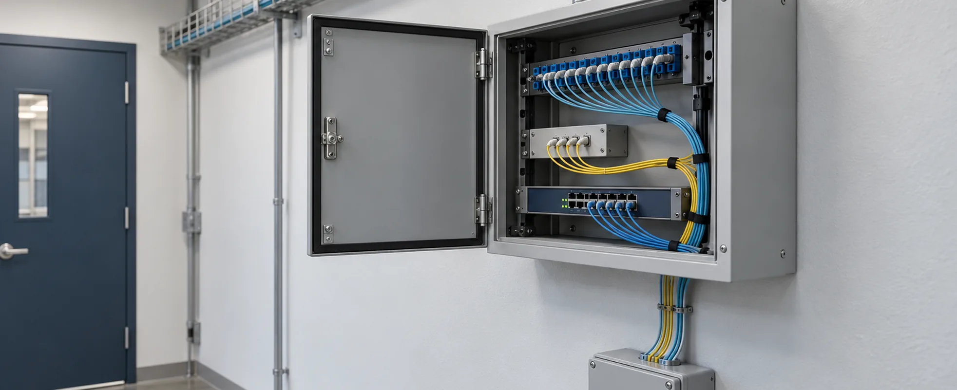 Carrier demarcation and network handoff cabinet in an enterprise communications room, with structured cabling and a termination panel beside a service door