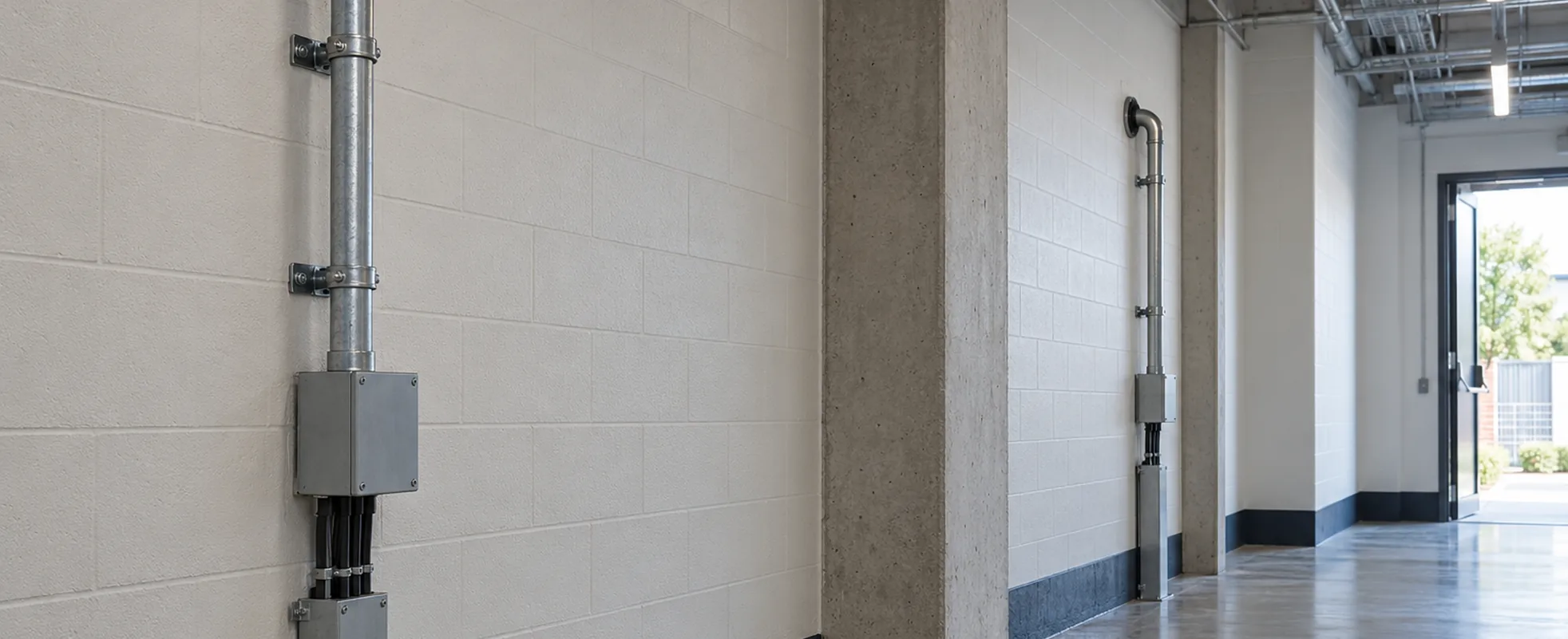 Two separate cable entry routes into a commercial building, each with its own conduit and wall penetration, separated by a structural column in a service corridor