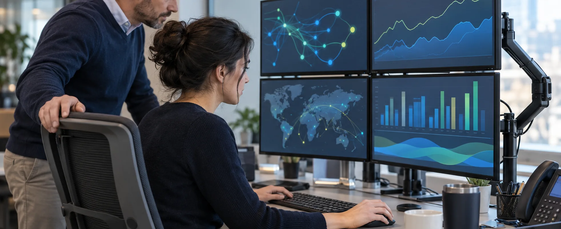 Two network operations professionals monitoring connectivity at a workstation with multiple network status displays