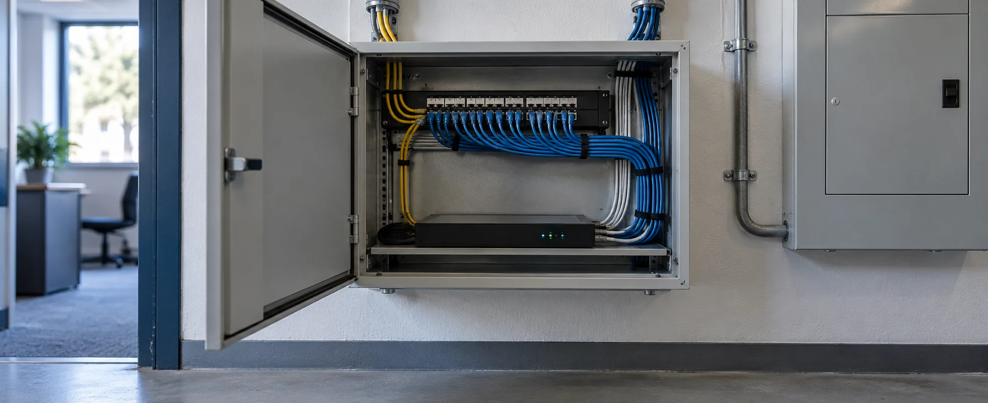 A small branch communications cupboard with a wall-mounted SD-WAN edge appliance, neatly routed structured cabling, and two separate uplink conduits entering from above