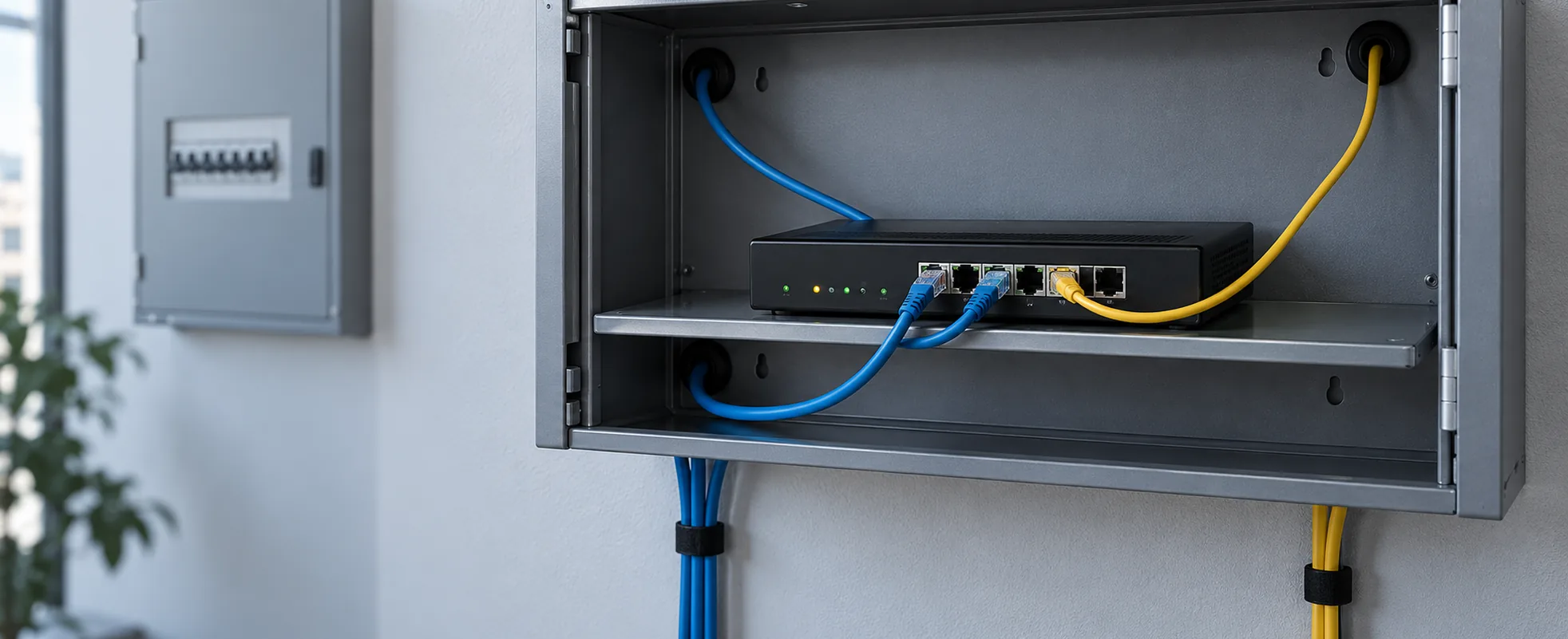 A compact SD-WAN edge appliance on a shelf in a wall-mounted enclosure, with three separate uplink cables terminating in individual ports and routed along distinct paths