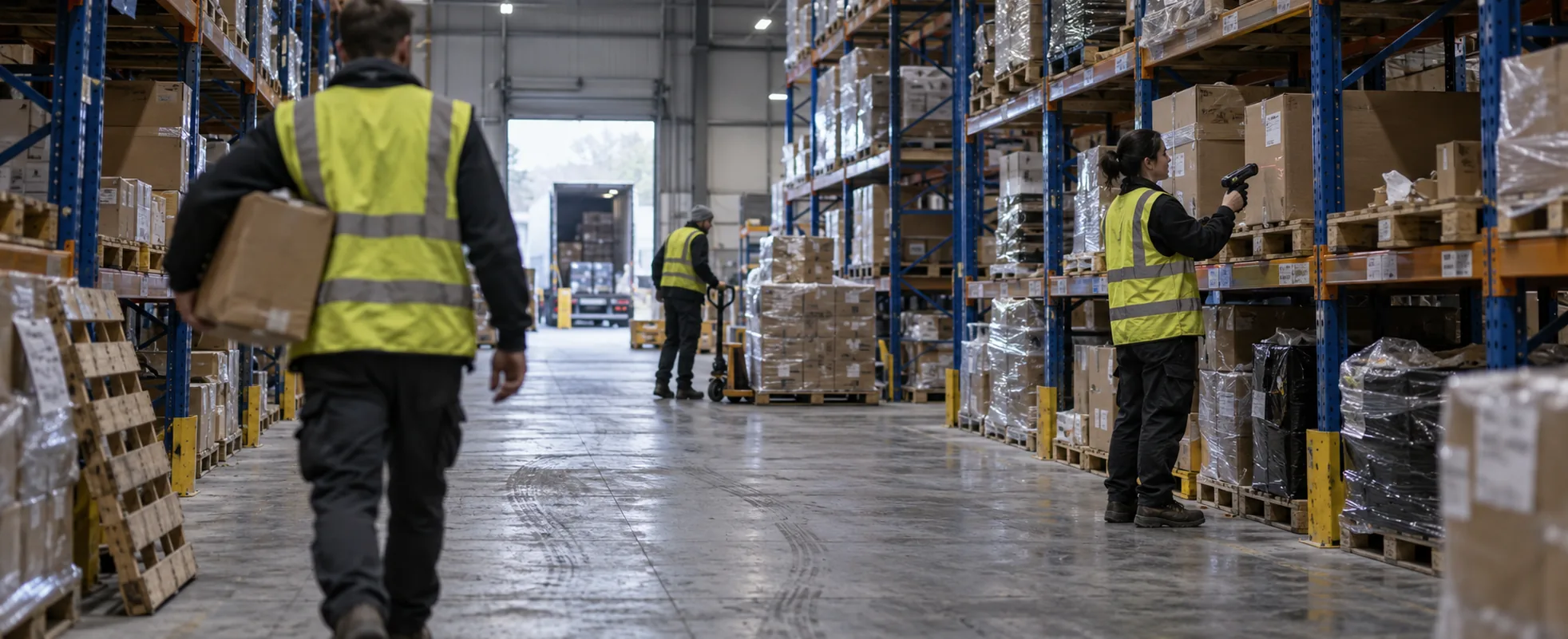 A working third-party logistics warehouse aisle with tall pallet racking, cartons and wrapped pallets, and three employees carrying out inventory and handling tasks including a handheld barcode scanner
