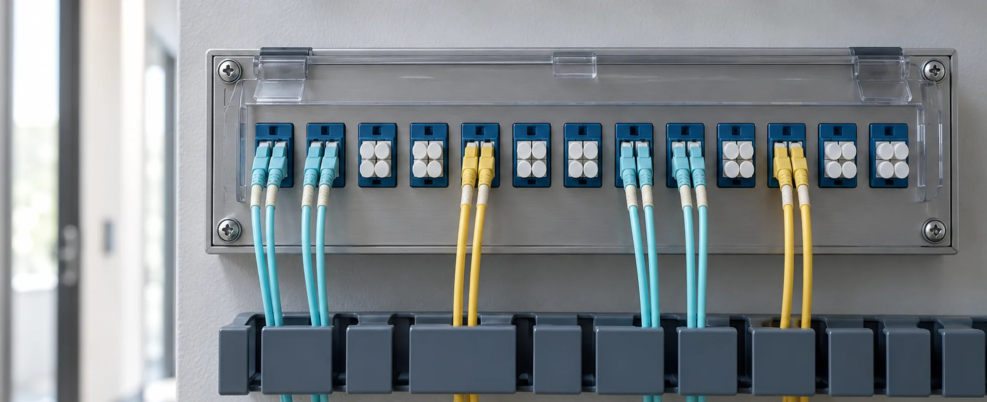Wall-mounted LC fiber patch panel with patch cords connected to ports and routed through a cable manager in an office communications room