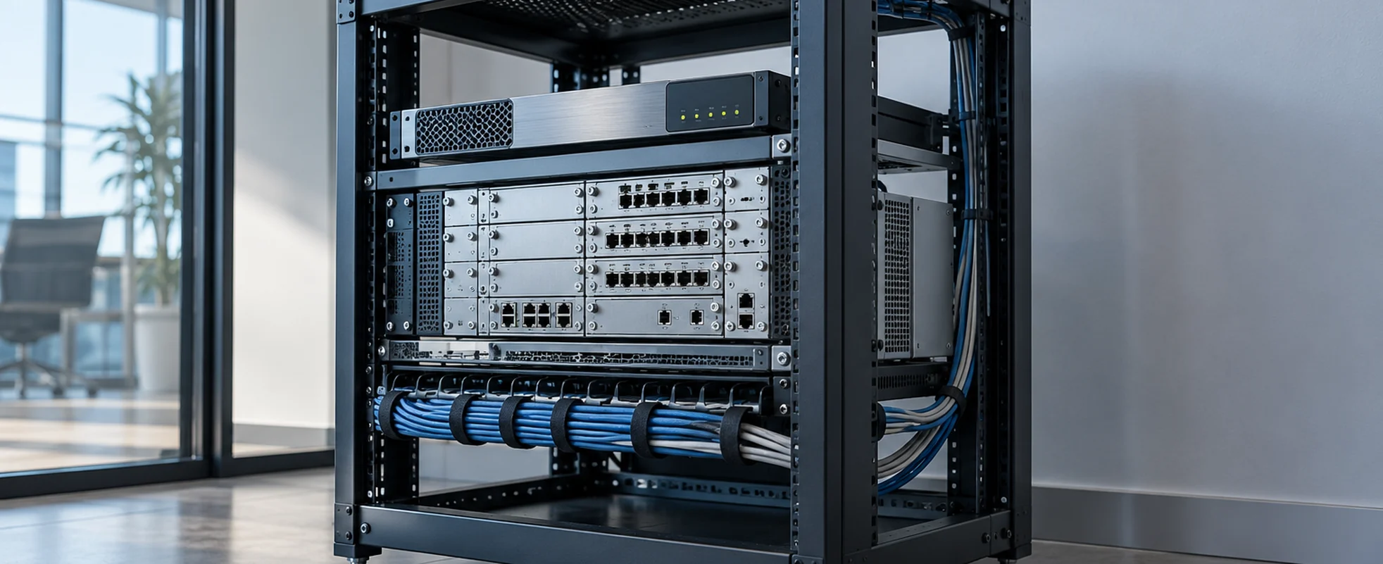 Freestanding open-frame telecom equipment cabinet with voice gateway modules, port arrays, and a session border controller appliance in a clean office equipment room