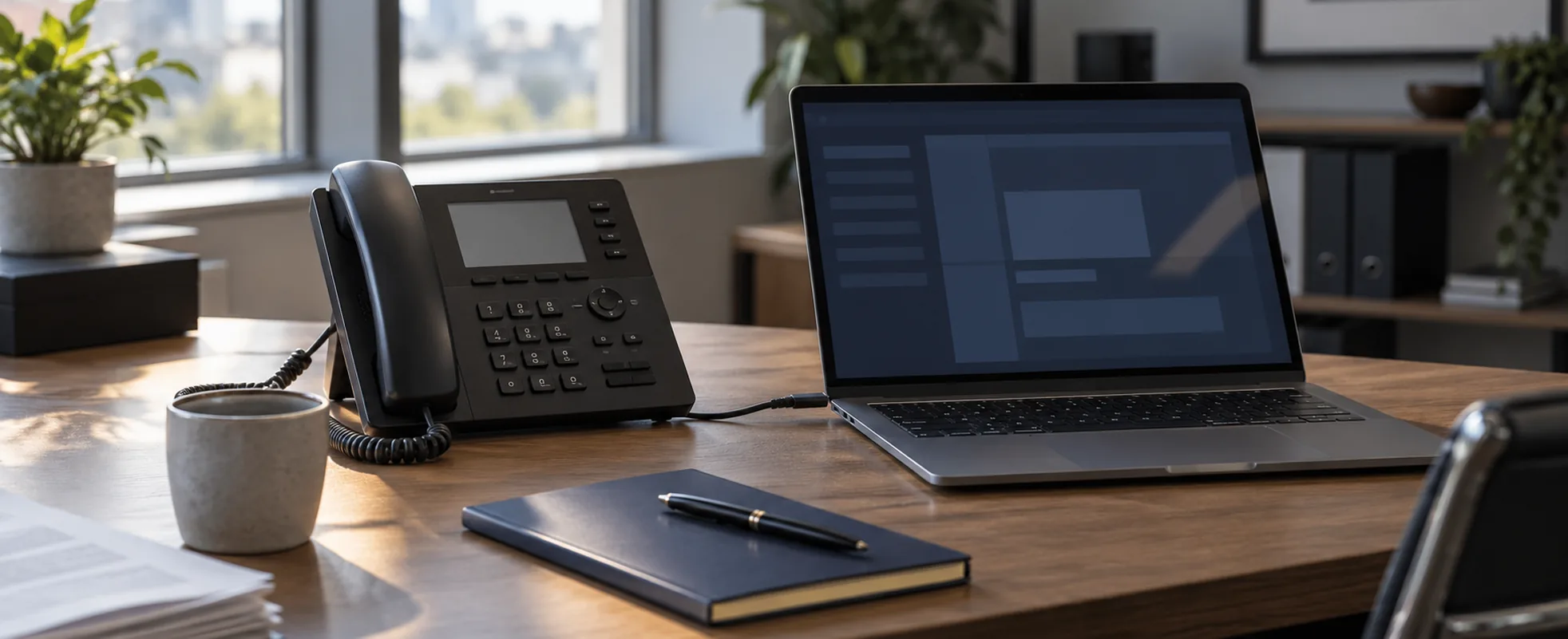 A professional office desk with a physical IP desk phone and an open laptop showing a calling application, positioned side by side