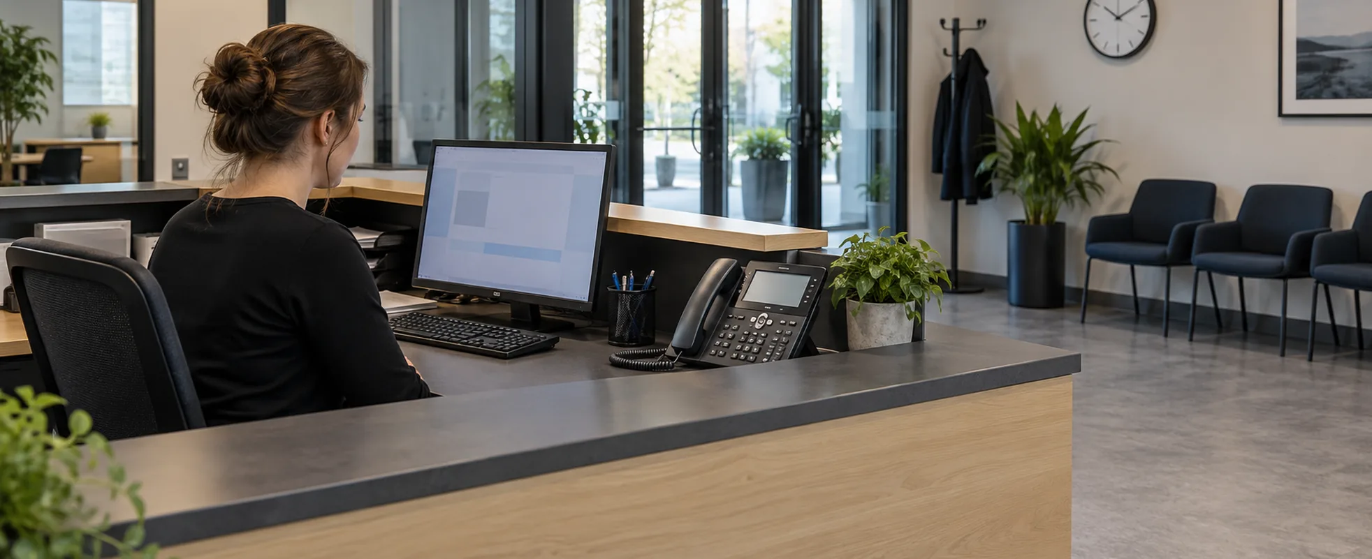 A receptionist working at a business front desk with a multi-line telephone and computer monitor, in a modest contemporary reception area
