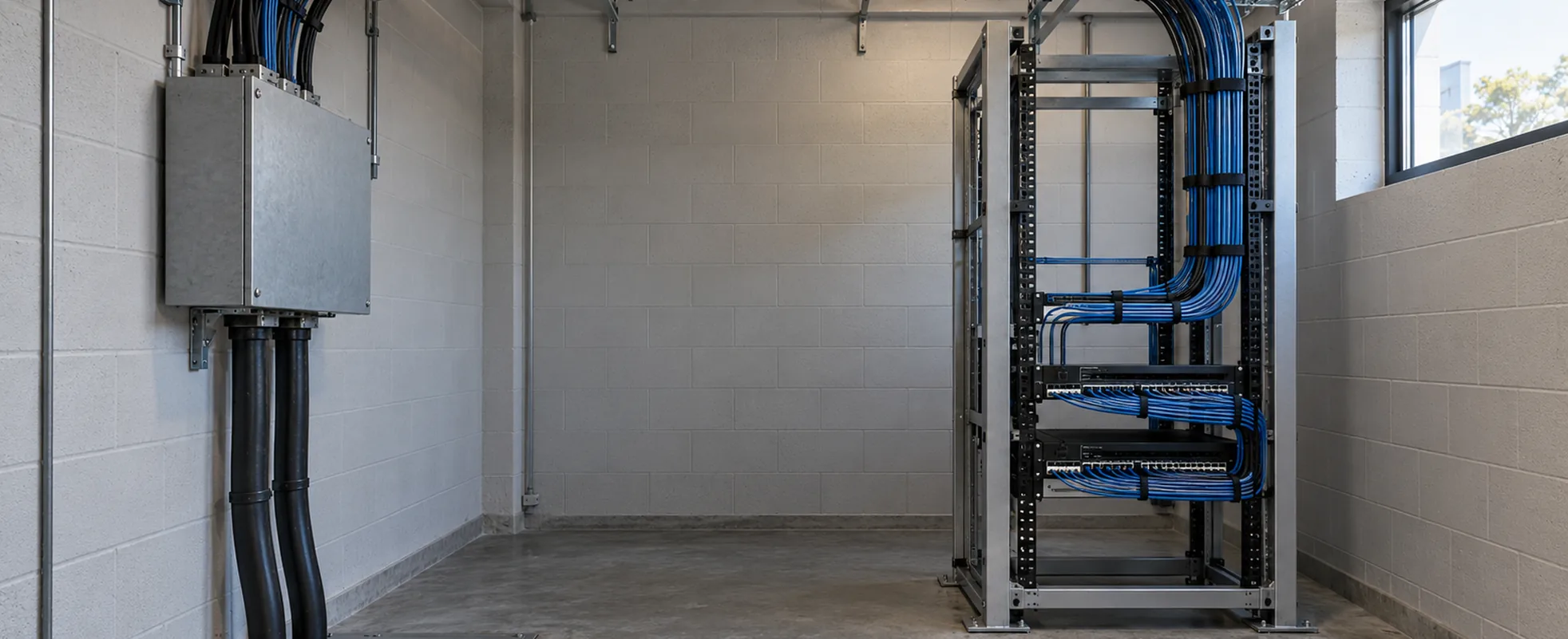 A commercial telecommunications entrance room with a wall-mounted carrier interface cabinet, overhead cable tray, and an open-frame relay rack carrying structured cabling